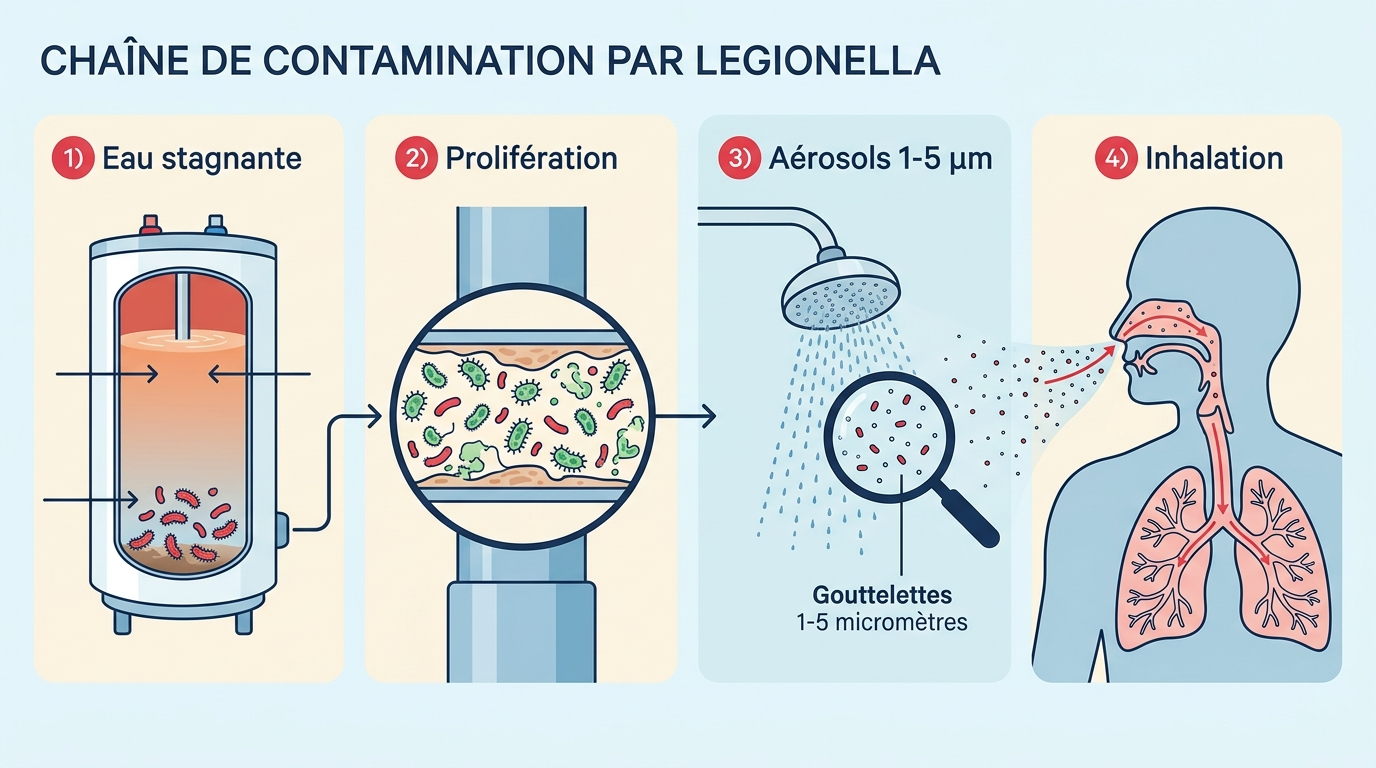 Chaîne de contamination par la légionelle – eau stagnante, prolifération, aérosols, inhalation