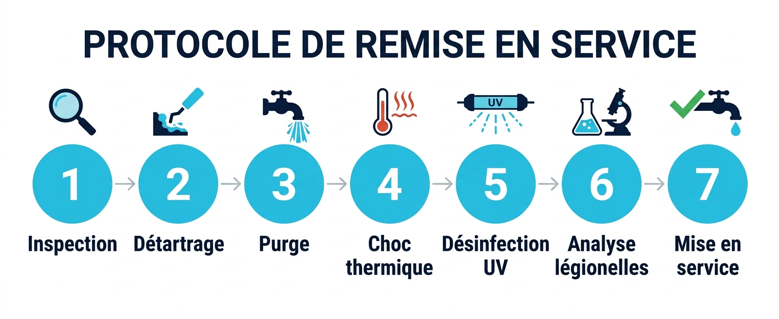 Infographie protocole anti-légionelle – 7 étapes de la remise en service printanière