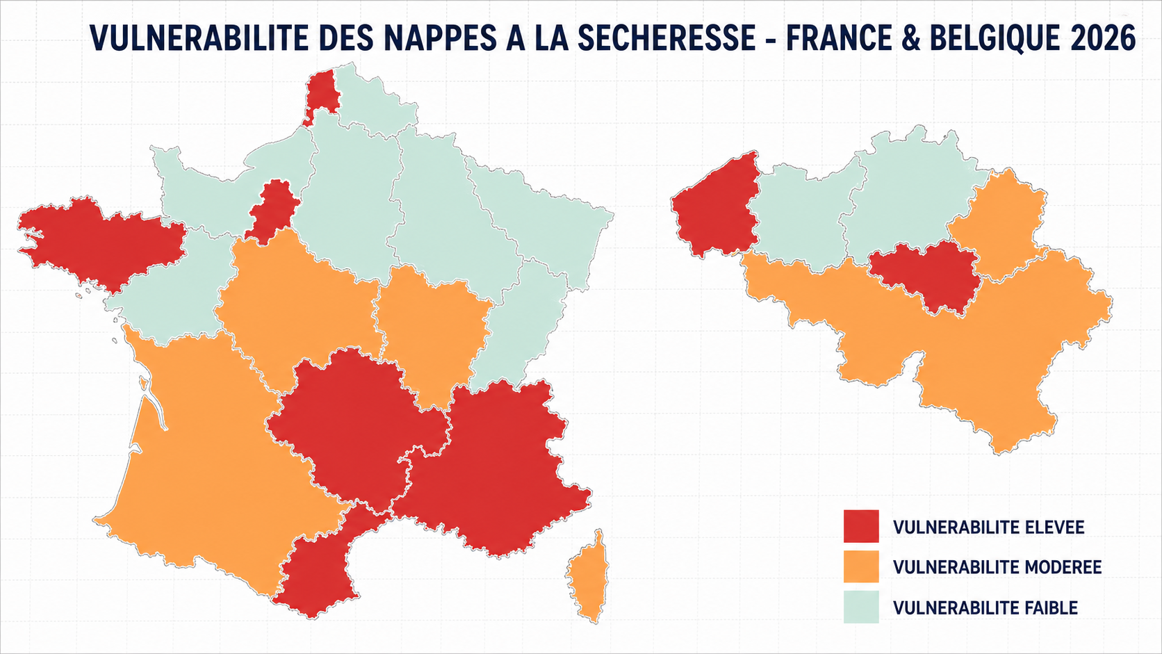 Carte de vulnérabilité des nappes à la sécheresse 2026 – France et Belgique : zones rouges (vulnérabilité élevée), orange (modérée), vert clair (faible)