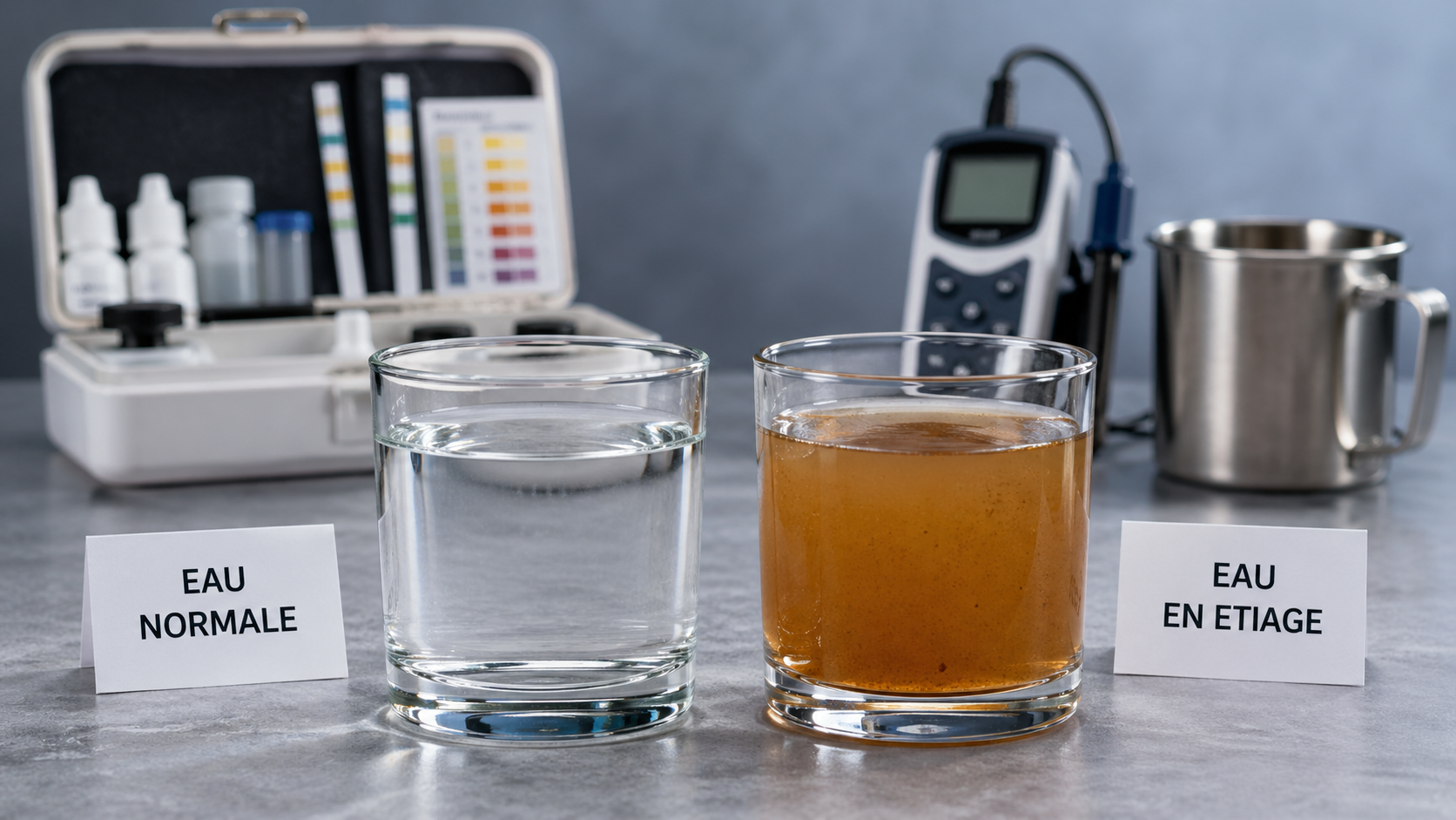 Comparatif visuel : verre d'eau de forage en conditions normales (claire) vs verre prélevé en période d'étiage (trouble, rougeâtre) avec kit de test DIMM