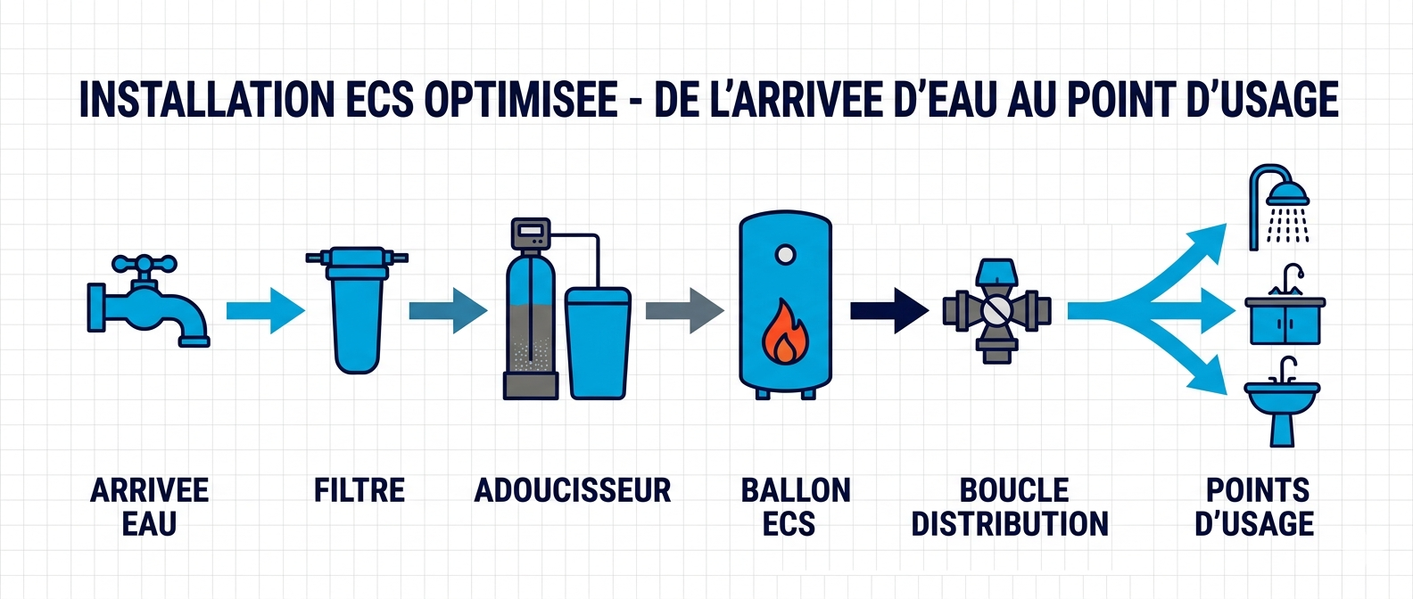 Schéma d'une installation ECS optimisée – de l'arrivée d'eau au point d'usage