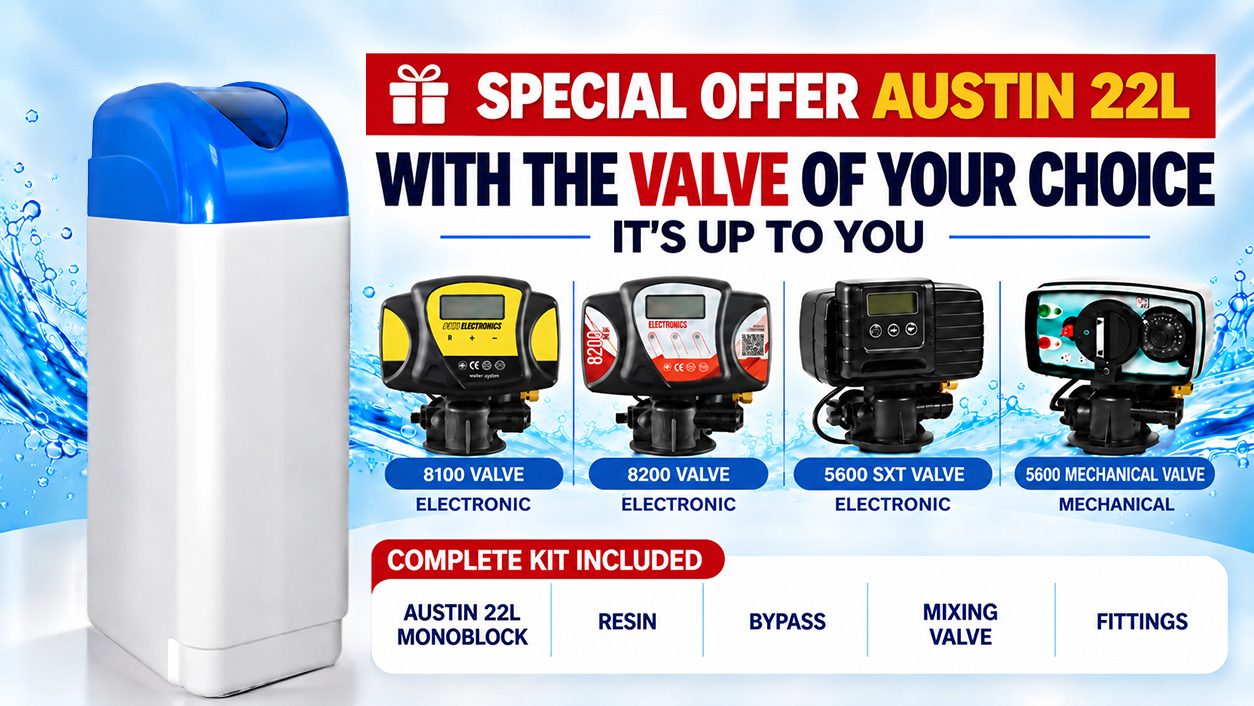 Special offer: Austin 22L monoblock water softener with the valve of your choice (8100, 8200, 5600 SXT or 5600 mechanical), complete kit included (resin, bypass, mixing valve, fittings)