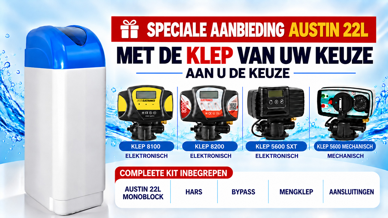Speciale aanbieding: Austin 22L-monoblokontharder met de klep van uw keuze (8100, 8200, 5600 SXT of 5600 mechanisch), complete kit inbegrepen (hars, bypass, mengklep, aansluitingen)